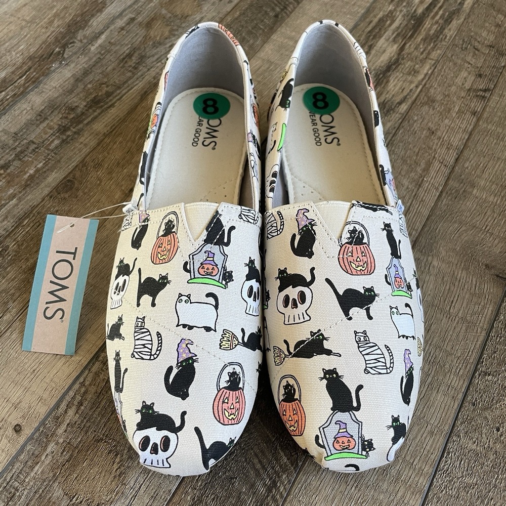 Toms Women's Belmont Natural Halloween Cats Slip On Size 8 Canvas Skeleton NWT